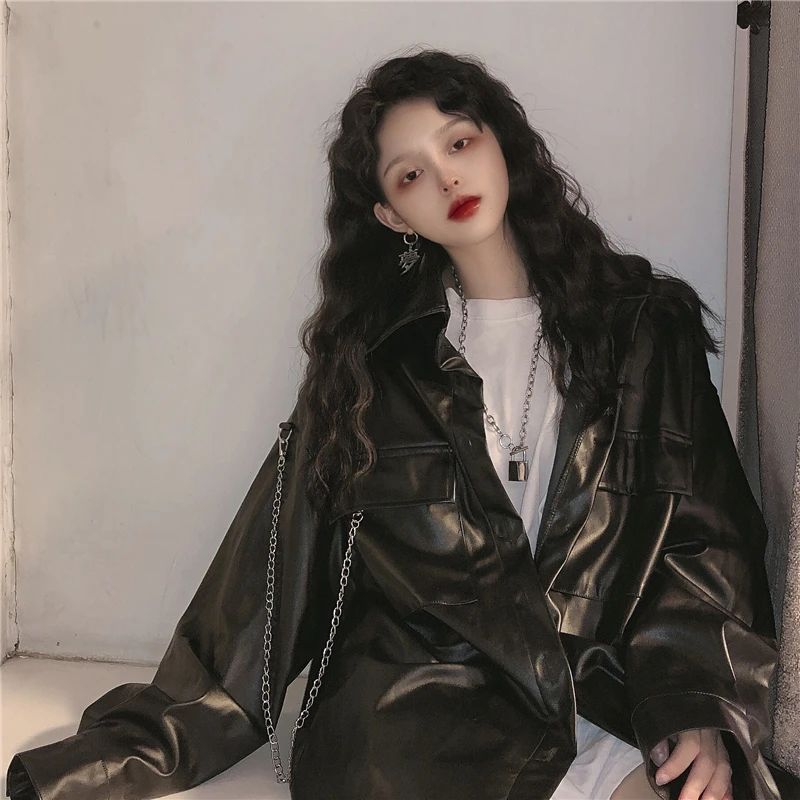 black pu leather korean gothic Women Loose Leather Moto Jacket Outerwear High Street Coat Chic Streetwear Long Sleeve Tops