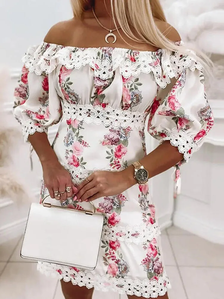 

Woman New Sexy Off Shoulder Puff Sleeve Party A-Line Dress Summer Floral Print Office Elegant Dress 2022 Chic Lace Panel Dress