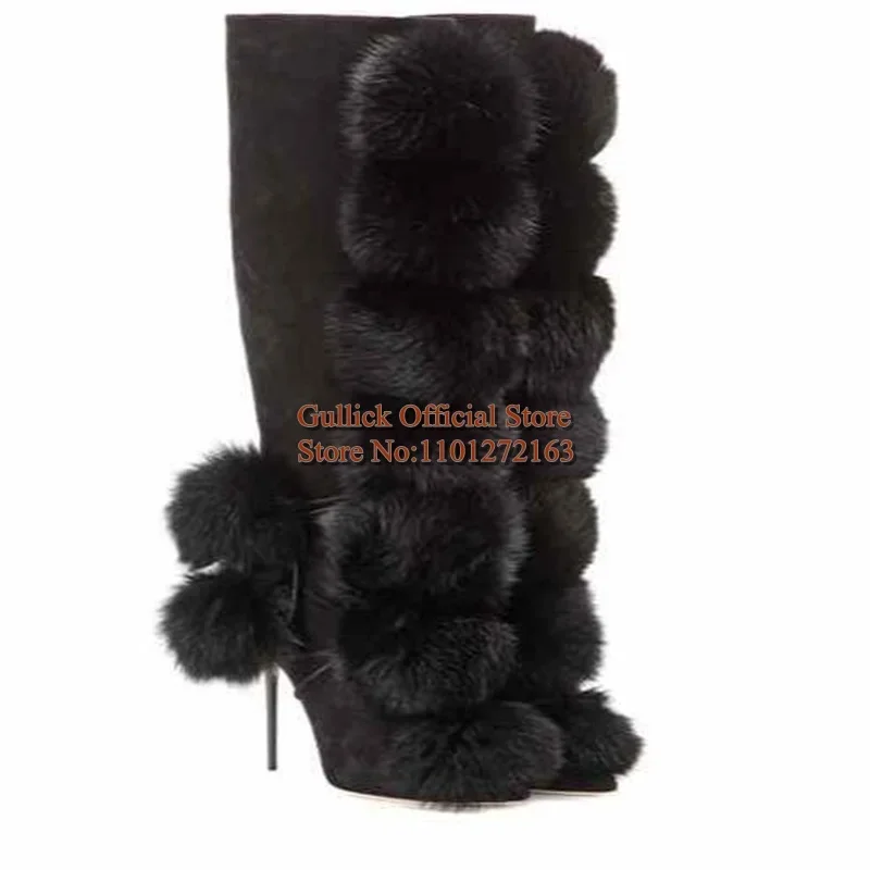 Женские зимние высокие сапоги на высоком каблуке с помпоном розовые черные