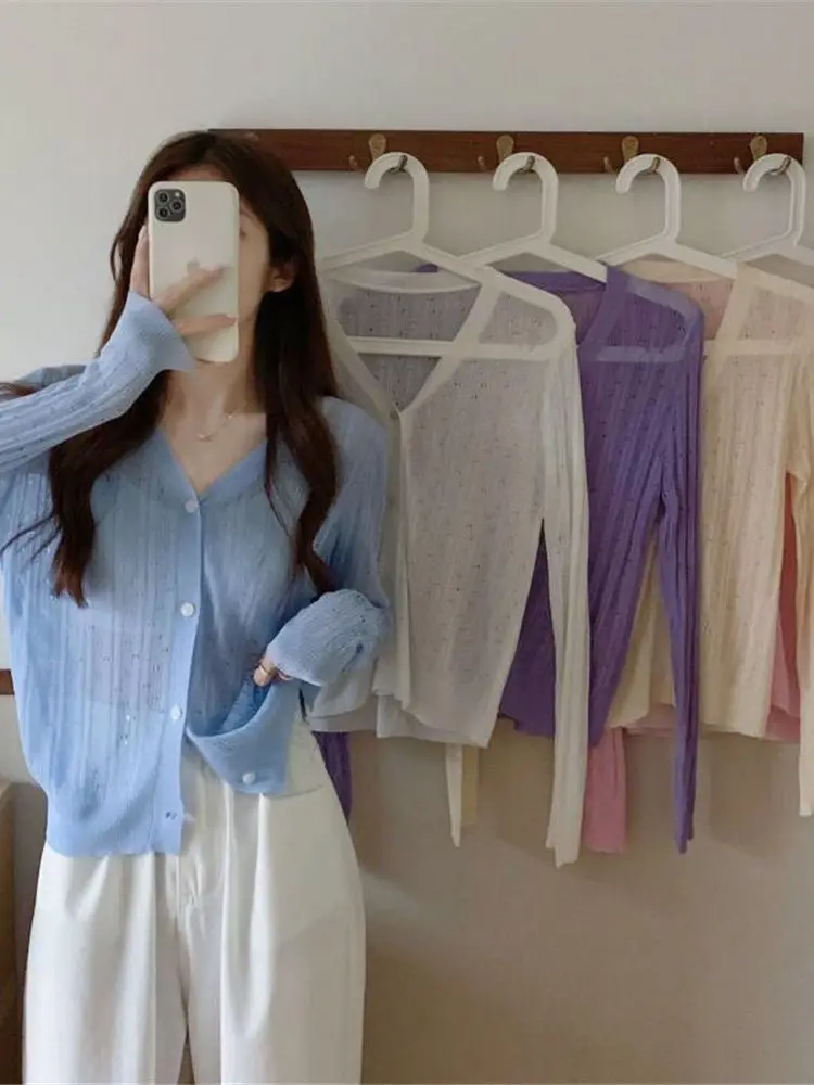 

Cardigans Kimono See Tops Pink Sweater Long Cropped Women Sleeve Knitted Sunscreen Cardigan Fashion Summer Through Korean