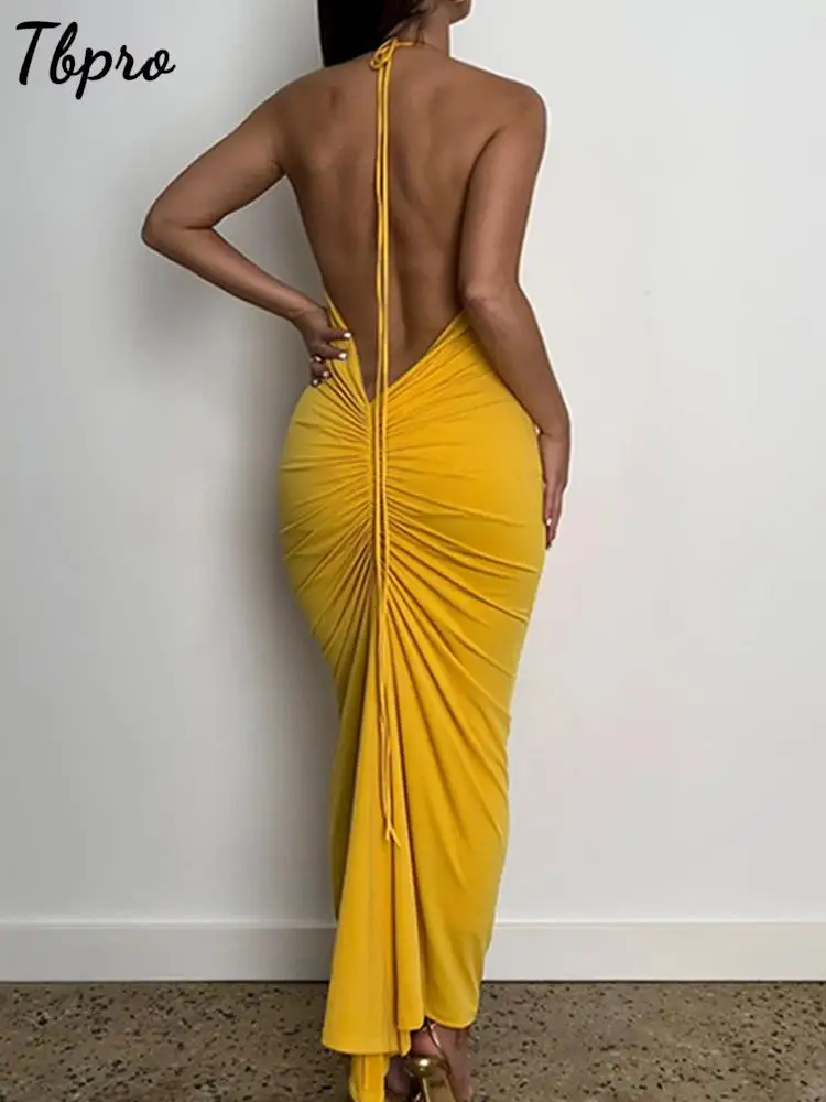 

Летнее платье с открытой спиной и оборками, женское сексуальное платье на шнуровке, новинка, модное облегающее Макси-Платье, женское платье