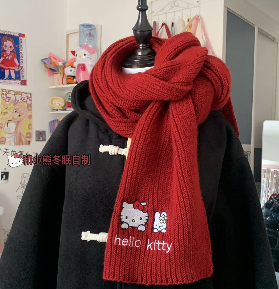 

Красный шарф Hello Kitty, женский зимний теплый Универсальный Повседневный Шарф с аниме мультяшным принтом, милый модный шейный платок для девоч...