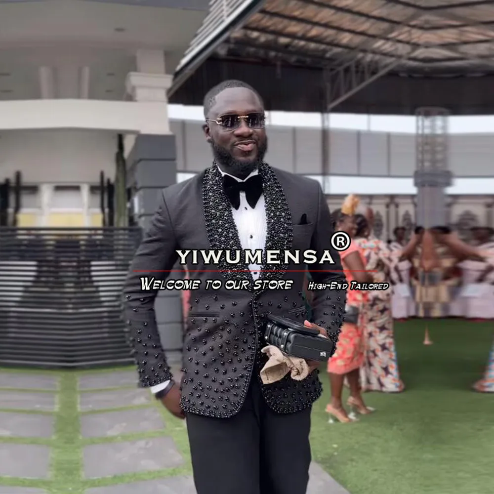 Элегантные мужские костюмы ручной работы черный тяжелый жемчуг Блейзер брюки 2