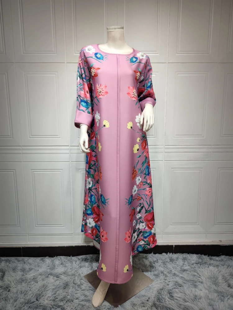 Saudi Women Abayas Retro Floral Print Beading O-Neck Long Dresses 2023 Spring Summer Casual Party Chic Dress Elegant Robe