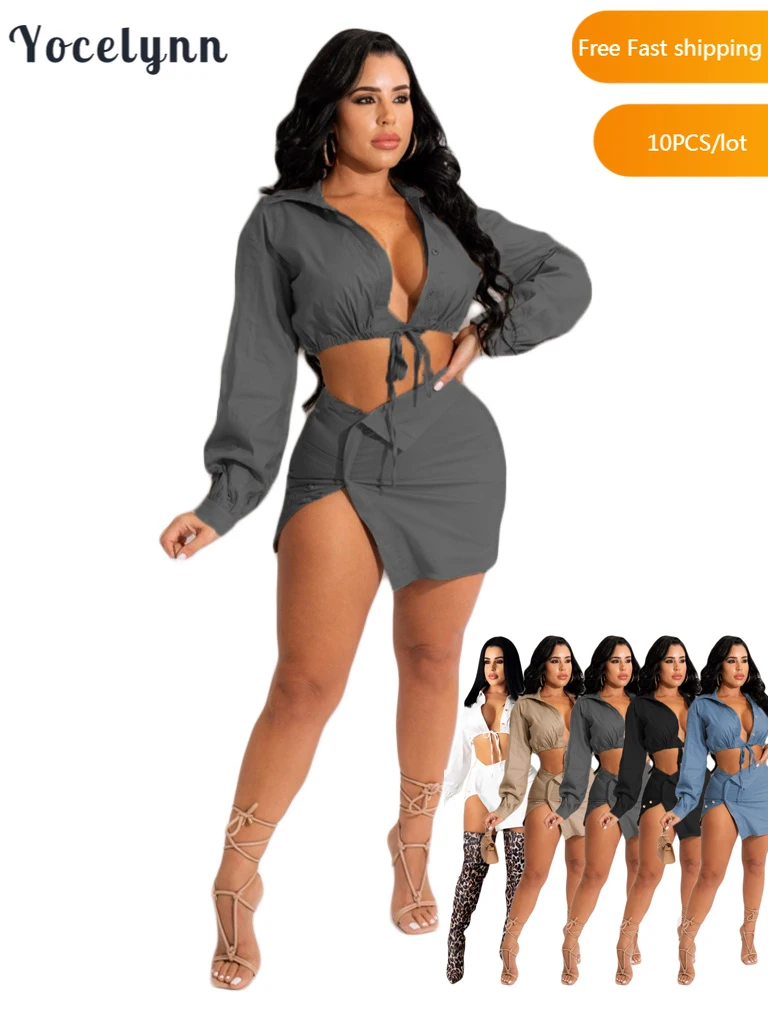 

bulk items wholesale lots Casual Skirt Two Piece Set Tie-up Cardigan Shirt and Mini Dress Matching Clothes for Women Fall Outfit