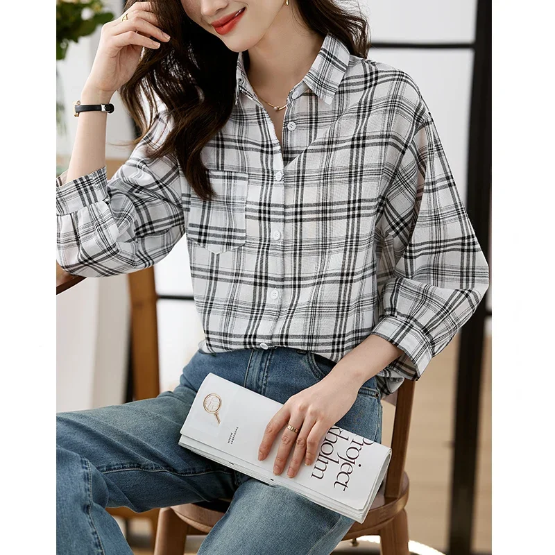 Женская шифоновая рубашка в клетку с рукавом