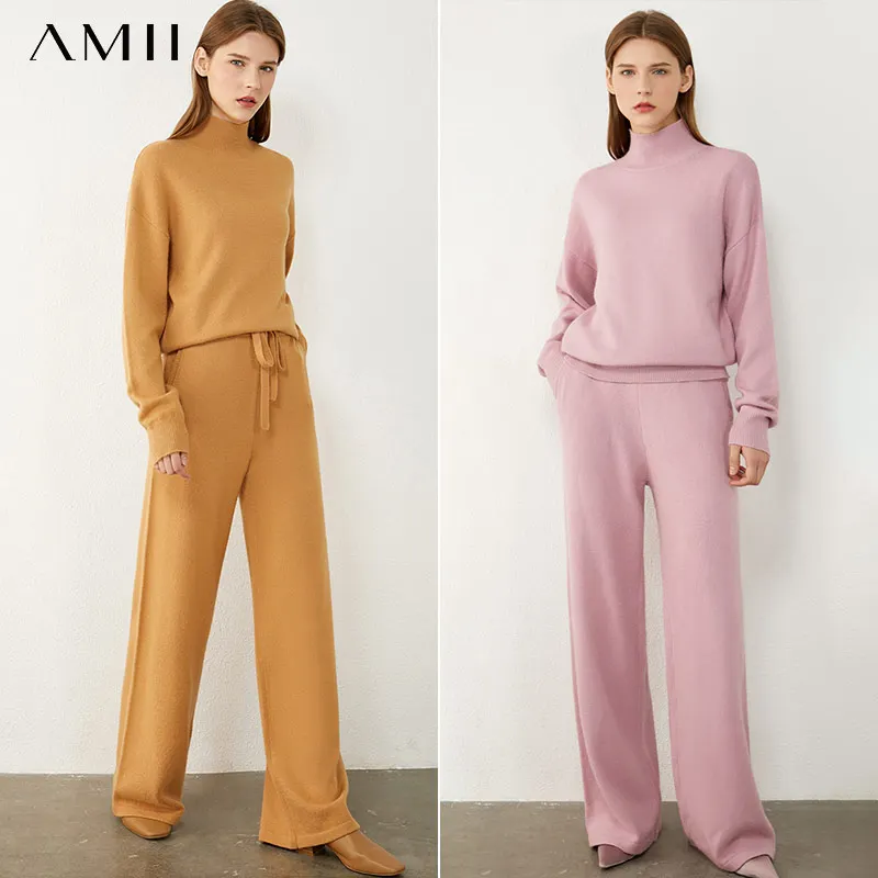 

AMII Minimalism Autumn Winter Women Fashion Solid Turtleneck Sweater Tops Causal Elastic Waist Loose Female Pants 12040358