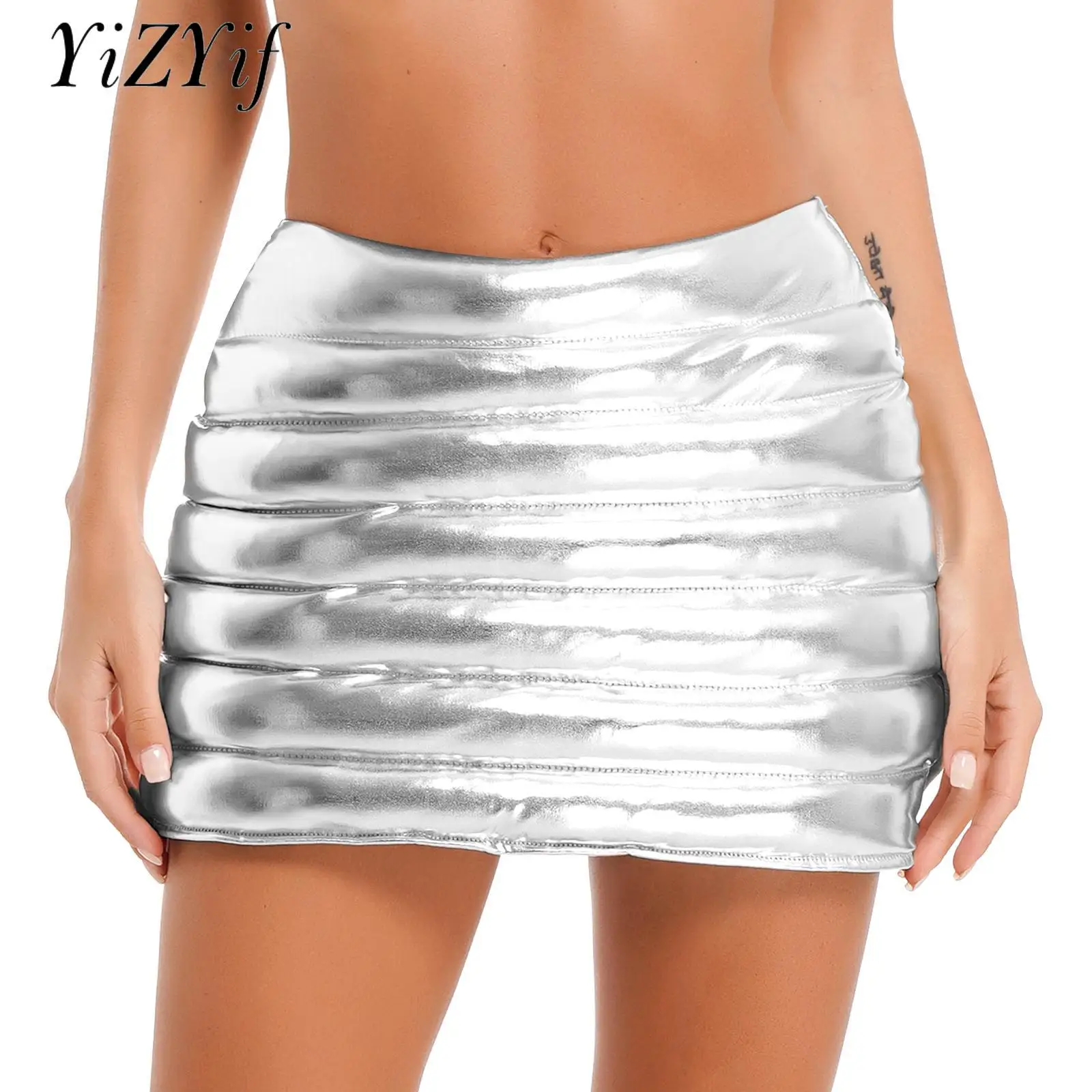 

Women's Lightweight Puffer Quilted Skirt Shiny Metallic Solid Warm A-line Mini Skirt Sexy Clubwear Nightout Rave Party Weekend