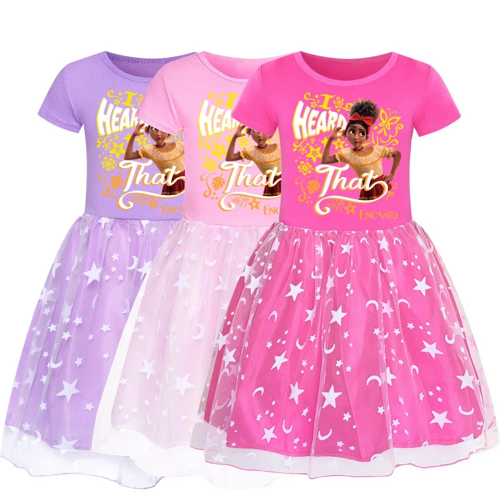 

2022 New Disney Summer Cartoon Print Cute Baby Girl Encanto Princess Mesh Kids Vestidos Party Dress Formal Prom Dress