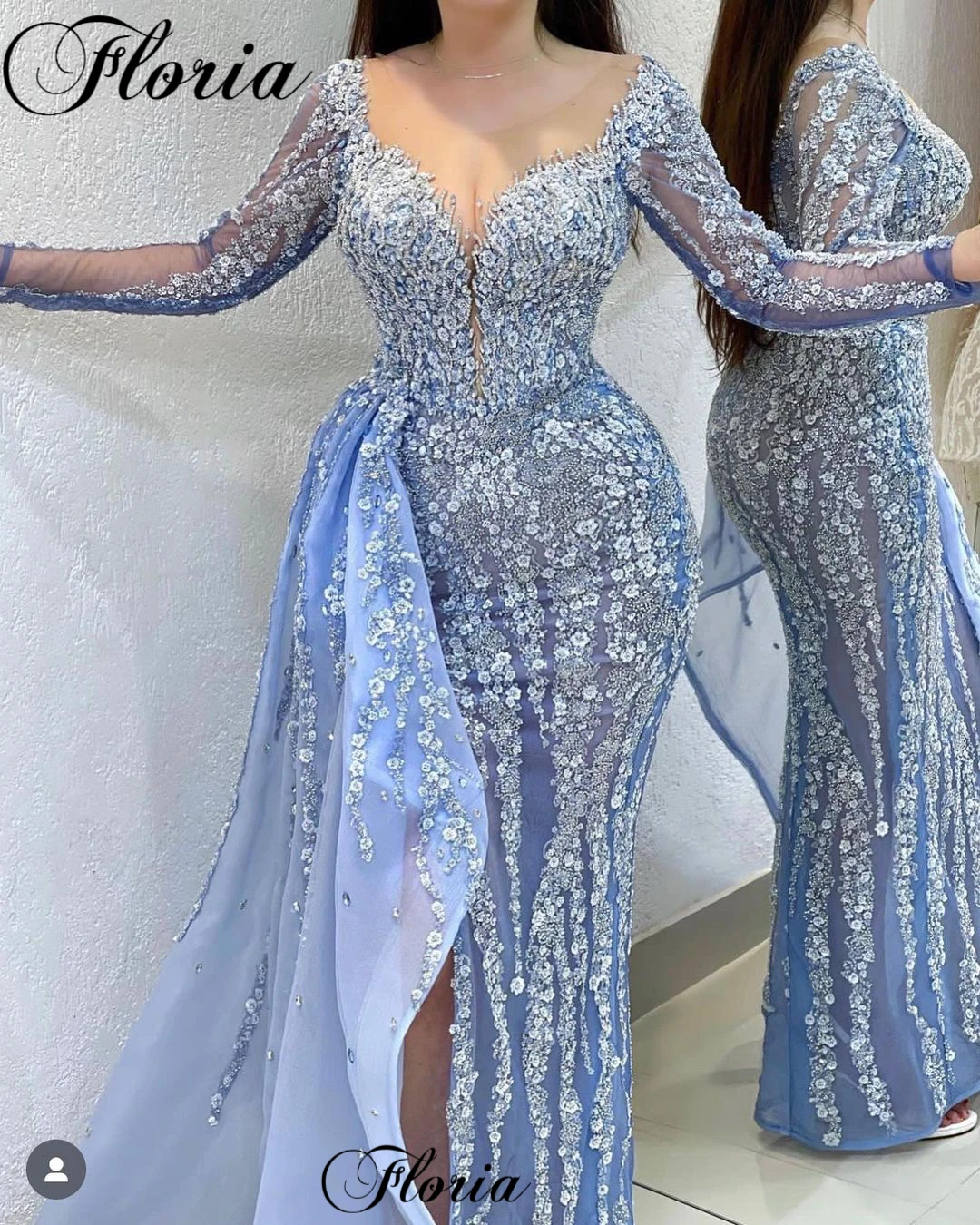 Женское вечернее платье-русалка голубое платье с длинными рукавами украшенное