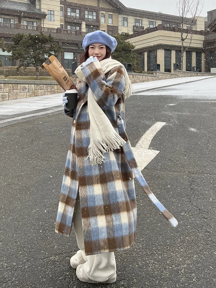 

Женское шерстяное пальто в клетку, синее пальто свободного покроя с длинным рукавом и отложным воротником, Осень-зима