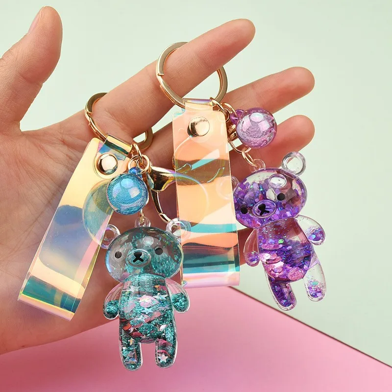 

Liquid Keyring Glitter Bear Quicksand Keyring Acrylic Key Fob Backpack Pendant Couples Women Men Boyfriend Friend Keychains Gift