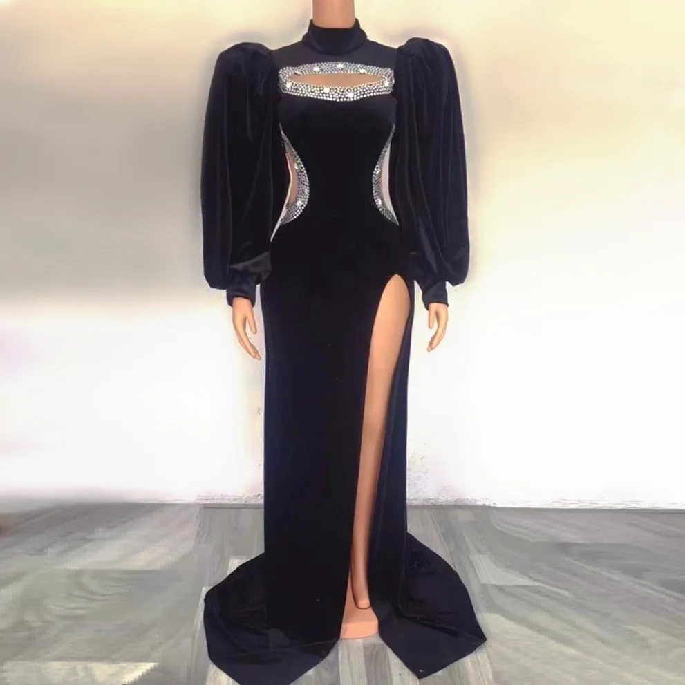 

Новое поступление, черное бархатное женское платье с длинным рукавом-фонариком, сексуальное длинное платье с вырезом, элегантное вечернее праздничное платье, платье для выпускного вечера