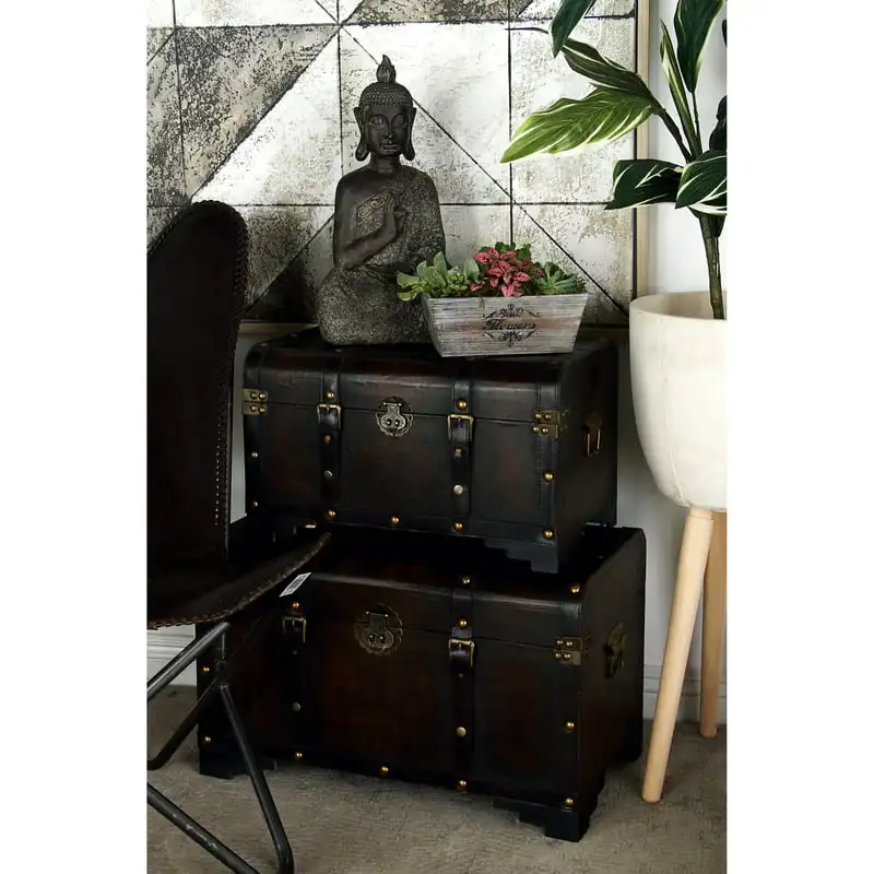 

28" x 19" Brown Wood Nesting Upholstered Trunk with Vintage Accents and Studs, 3-Pieces
