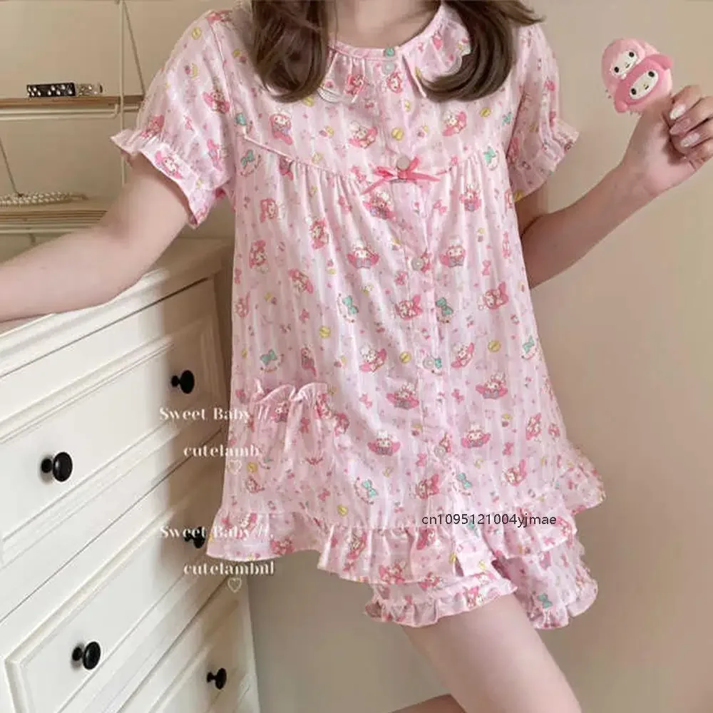 2 шт. Sanrio My Melody, милый розовый сладкий пижамный костюм Y2K Kt Cat, домашняя одежда, женская верхняя рубашка с короткими рукавами, шорты, летняя одежда для сна (art.: 3920d2ebf90dd) - 3920d2ebf90dd