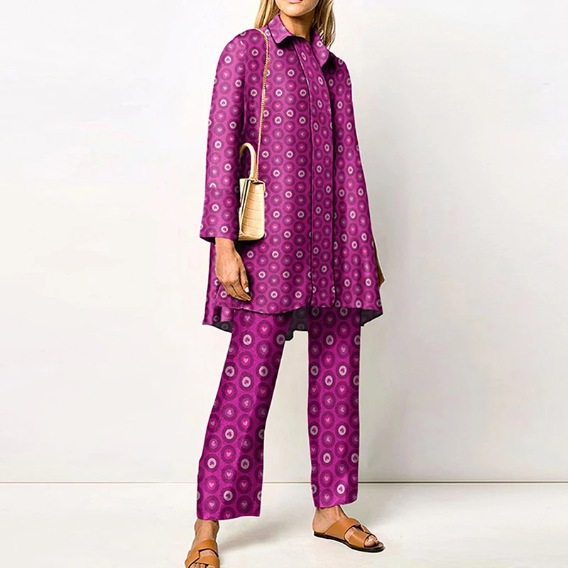 

Summer Fashion Casual Women Suit 2022 Printed Loose Long Sleeves Shirts Straight Pants Two Piece Suits Lady Holiday Style Set