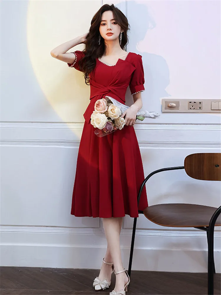 

Solid Color Dress Spring and Summer New Square Collar Nail Beads Short Sleeve Mid-length A-line Skirt Slim Women's Clothing M006