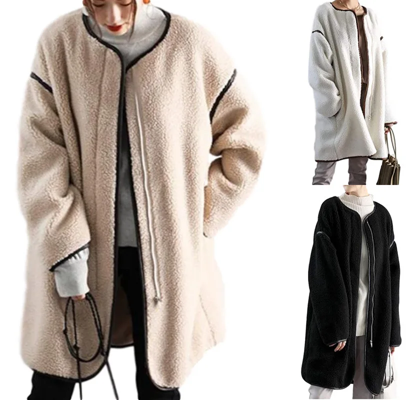 

2022 autumn and winter new women's coat solid color stitching long-sleeved round neck zipper plush coat