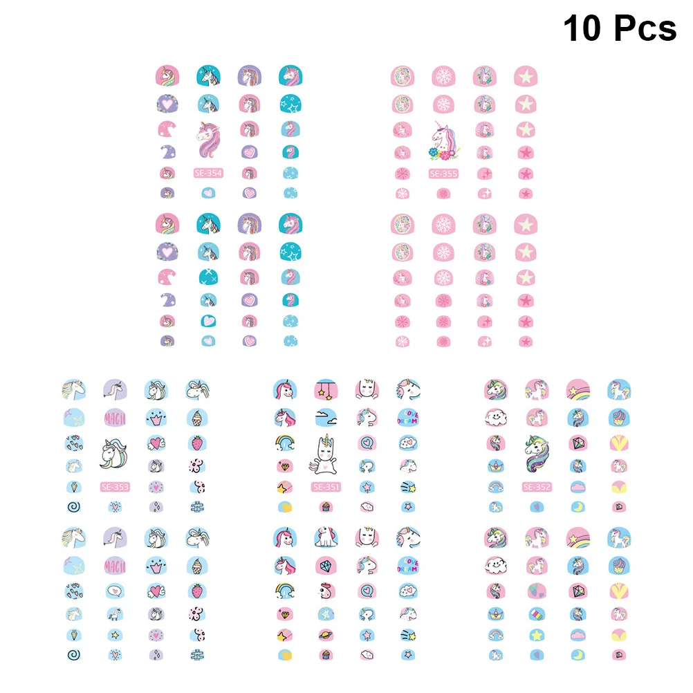 

10 Sheets Eco-friendly Nail Stickers Unicorn Nail Decal DIY Self-adhesive Nail Sticker for Kids (Random Pattern)