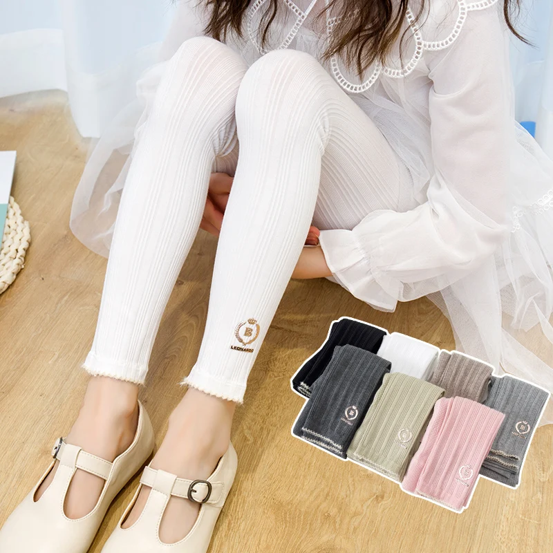 

Child girls cropped pants spring autumn section wide stripe badge ankle pattern nine-point trousers warm cotton baby leggings