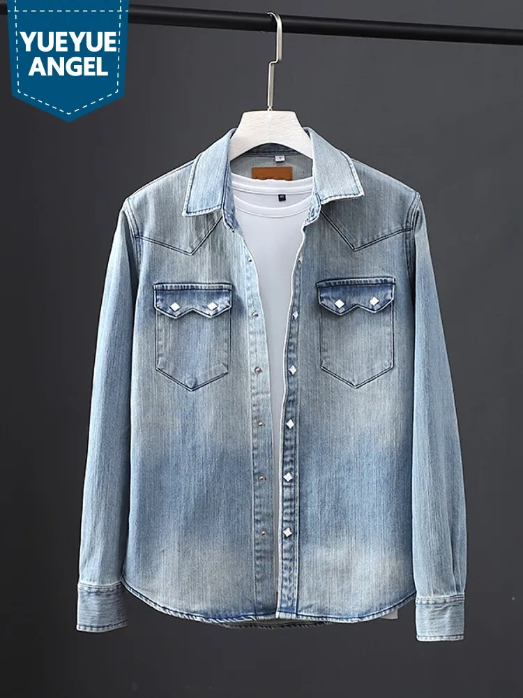 

Men Fashion Leisure Long Sleeve Denim Shirts Single Breasted Cargo Tops Spring Autumn New Turn-Down Collar Straight Shirts Male