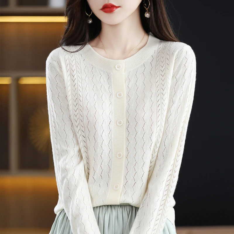 

Fine imitation wool cardigan sweater thin coat O-neck women's long-sleeved hollow knitted sweater loose fashion new products hot