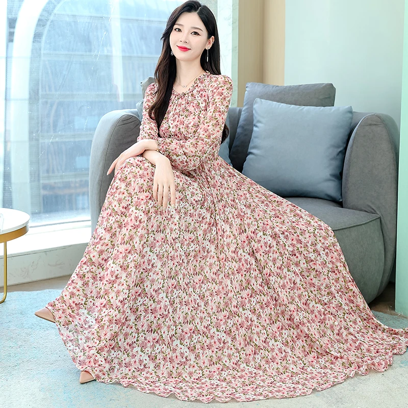 

Женское шифоновое платье-макси с цветочным принтом, длинным рукавом