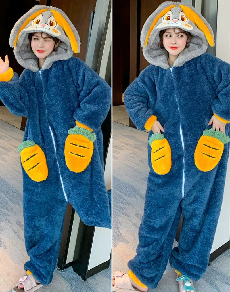 Fleece Cartoon Onesies For Adults One-Piece Sleepwear Winter Rabbits Dragons Cosplay Costume Christmas Funny Pajamas Set