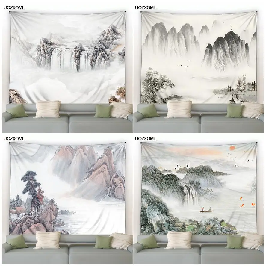 

Ink Landscape Tapestry Mountain Waterfall Forest Birds Carp Chinese Style Art Modern Home Living Room Decorative Wall Hanging