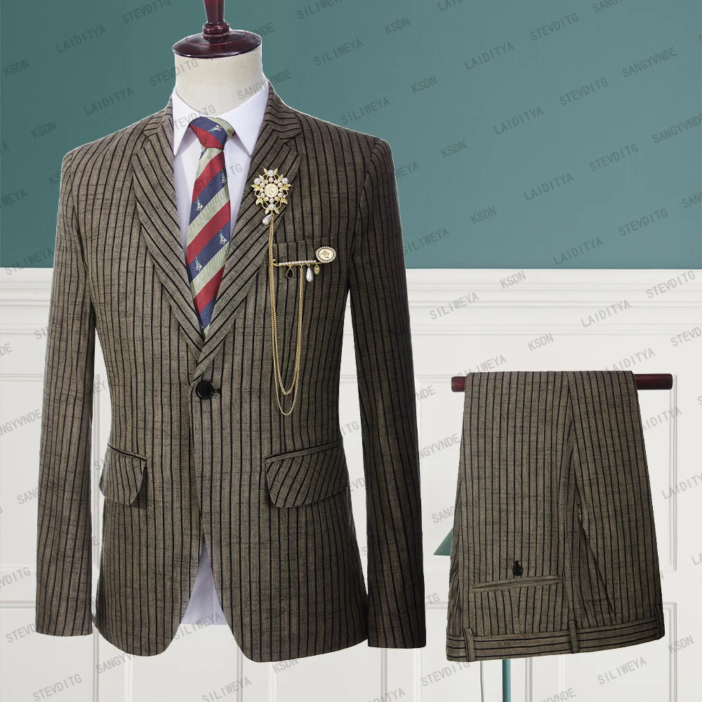 2023 New Men's High-quality Suit Light Brown Linen Black Stripe Business Formal Wedding Gentleman Dress 2 Pcs Set Jacket Pants