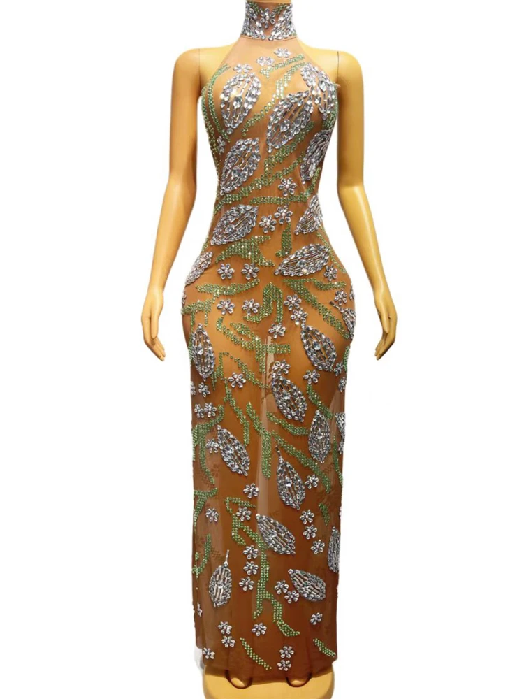 

Женское блестящее длинное прозрачное платье с серебряными кристаллами, костюм для ночного клуба в стиле знаменитостей на день рождения, сценический костюм Drag Queen