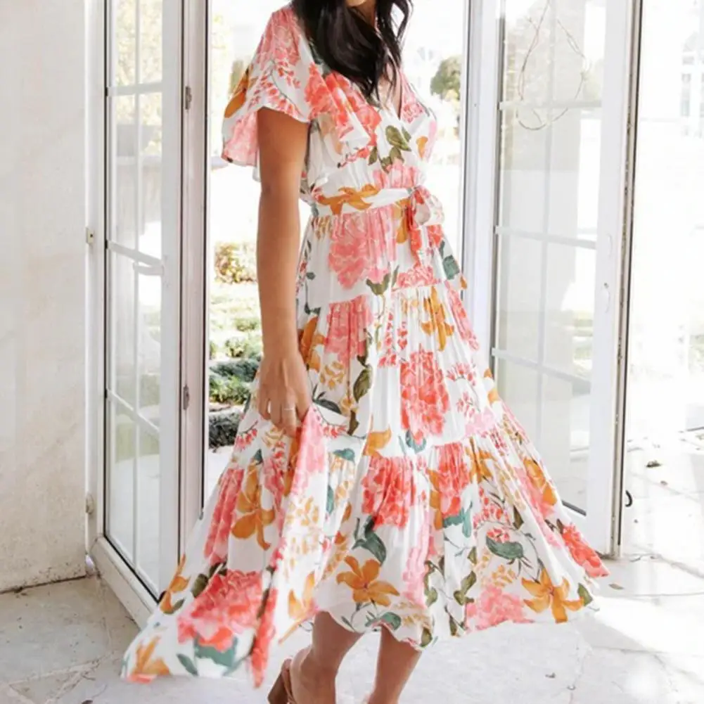 

Floral Printing Summer Dress Short Sleeve Colorful Tight Waist Holiday Dress Romantic Mid-calf Length Women Dress for Vacation