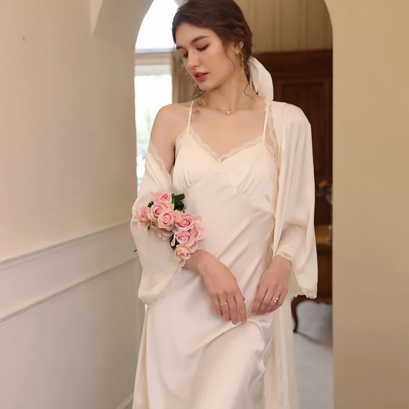 Sexy Women Twinset Robe Set Lace Cami Nighty&Robe Suit Sleepwear Bride Bridesmaid Satin Nightwear Spring New Lounge Home Wear