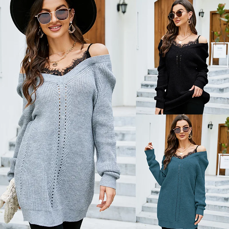 

Spliced Pullover V-Neck Sweater Women's Fashion Loose Fit Fake Two Piece Top Cross border Knit