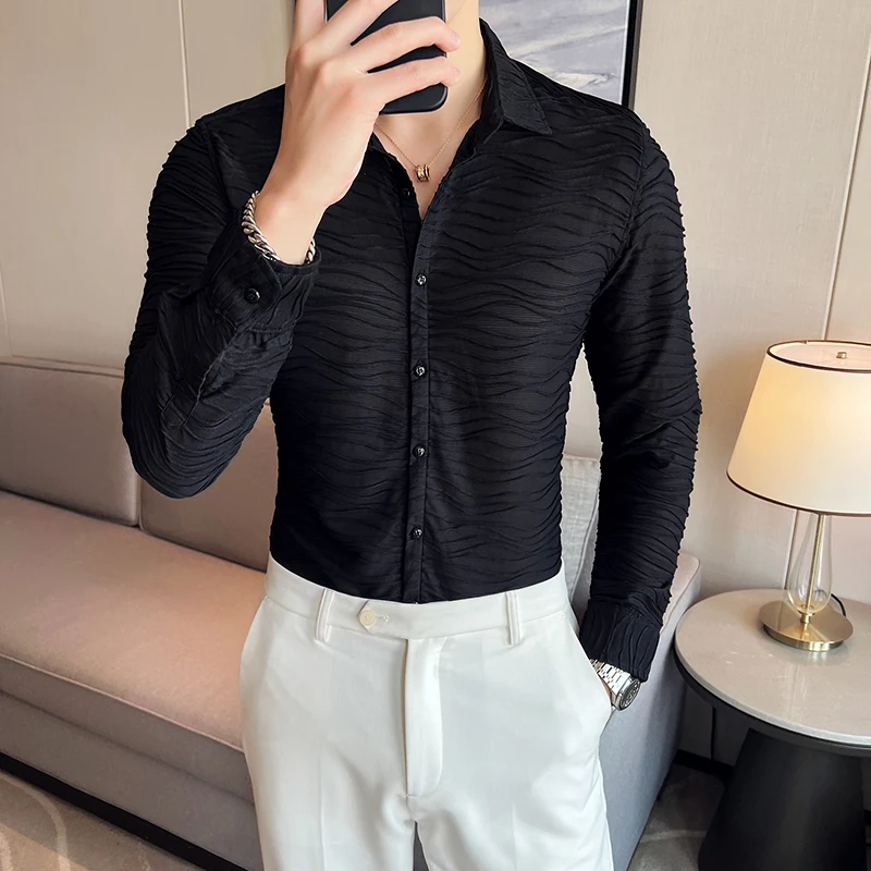 2022 Water Ripple Shirts for Men Autumn Long Sleeve Slim Fit Casual Shirt Business Social Dress Shirts Party Tuxedo Blouse M-4XL