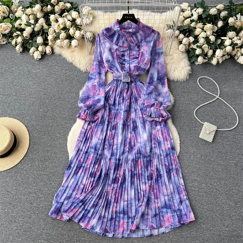 

Women Mid-Length Tie-dyed Floral Print Chiffon Dress With Belt Ruffles Stand Collar Long Sleeve Pleated Dress Elegant Vestidos