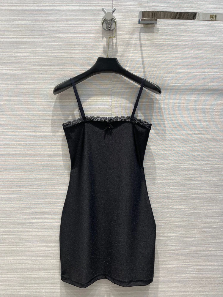 

Rhinestone Letter Decoration Suspender Dress High End Women's Black Mini Dress Temperament Sexy Wrap Hip Waist Lace Tank Dress