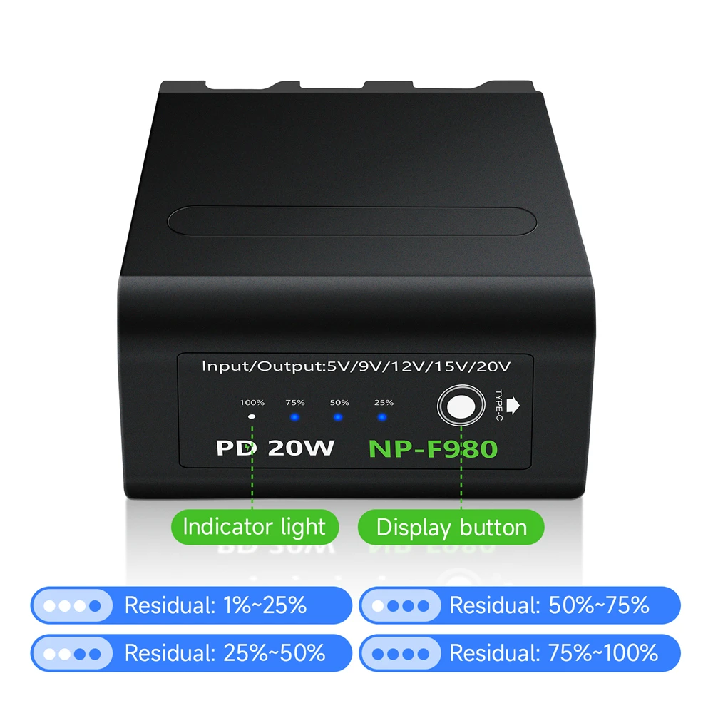 Фото Аккумулятор 10800 мАч NP-F980 NP-F960 NP-F970 с разъемом Type-C для Sony HVR-HD1000 HVR-HD1000E HVR-V1J с LED-индикатором заряда №4