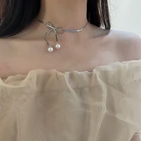 2022 hot simple sweet titanium steel clavicle chain female bow pearl necklace ins temperament choker for women jewelry gifts