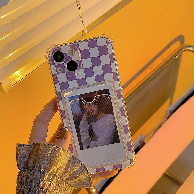 

Checkerboard Clear Plain Phone Case with Card Holder For iPhone 14 12 13 11 8 7 Pro MAX XR X XS Silicone Shockproof Bumper Cover