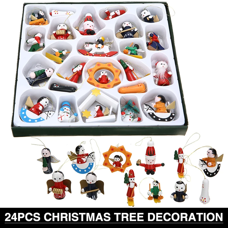 

24PCS Christmas Tree Pendants Traditional Wooden Hanging Ornaments Xmas Cute Ornament Figurines New Year Decorations Gifts