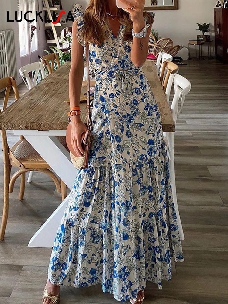 

Lucklisa Elegant V-Neck Summer Dresses Women Casual Floral Printed Ladies Maxi Dress Casual Holiday Retro Long Dress Sleeveless
