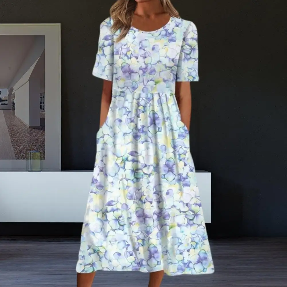 

Attractive Summer Dress O-Neck Breathable Women Floral Print A-Line Holiday Dress Mid-calf Length Beach Dress Streetwear