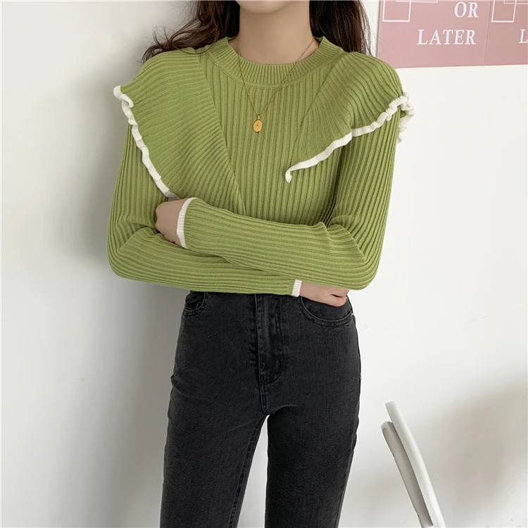 

OL Basic Bottoming Knit Sweater 2022 New Korean Style Flounced Stitching Pullover Sweaters Slim Warm Thick Knitted Tops