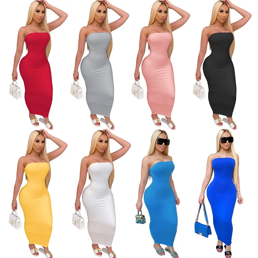 

New Maxi Dresses for Women 2022 Summer Fashion Bodycon Dress Tube Top High Elastic Solid Color Sexy Frocks for Women