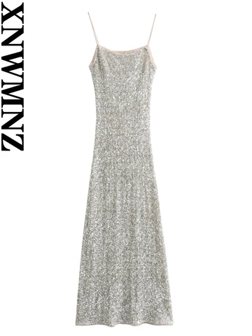 XNWMNZ женское модное 2023 блестящее платье-комбинация женское платье с тонкими бретельками с открытой спиной тонкая подкладка женские Платья Миди