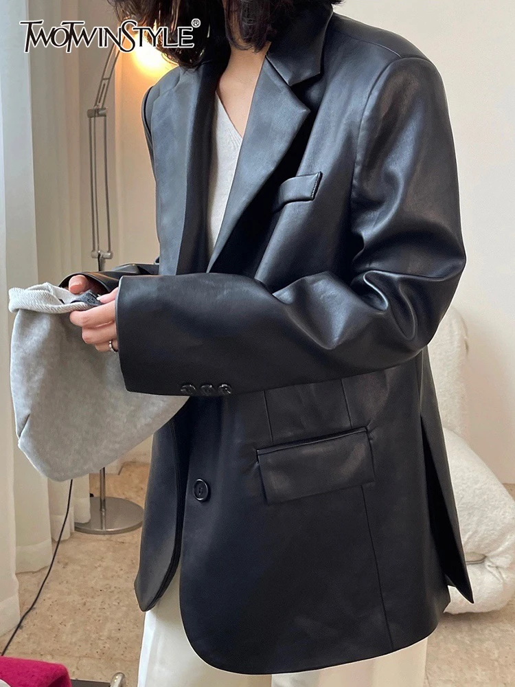 

TWOTWINSTYLE High Street Pu Leather Coats Female Notched Collar Long Sleeve Single Breasted Fashion Blazers For Women 2022 Style