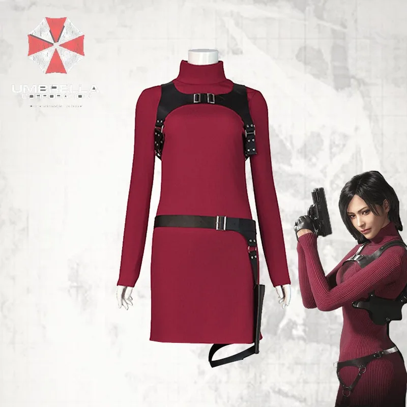 Фото Горячая новинка: Костюм для косплея Ады Ванг из Resident Evil 4 Remastered – красное платье с поясом, полный комплект для Хэллоуина и ролевых игр №1