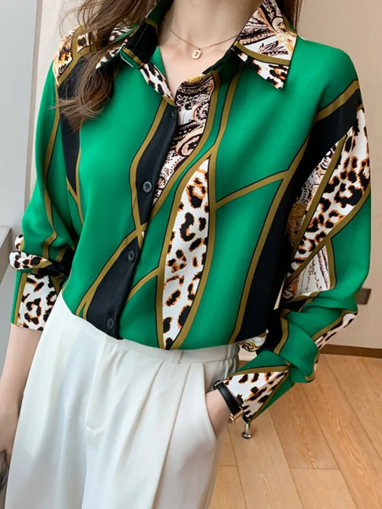 

Elegant Casual Leopard Print Women Stain Shirts Autumn Fashion New Vintage Long Sleeve Blouses Female Birthday Party Tops