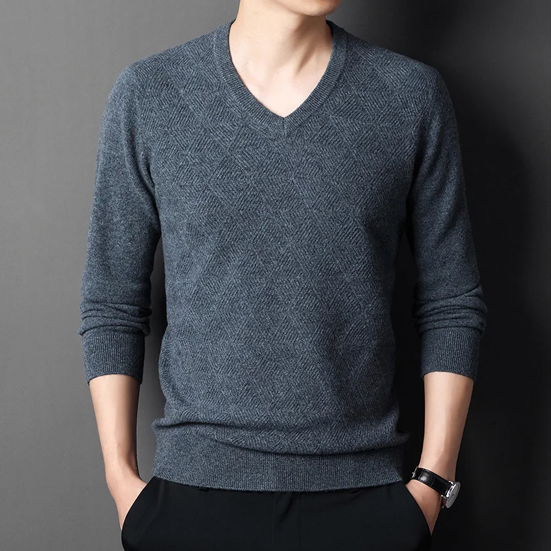 men's New sweaters in autumn and winter 100% pure sweater V-neck solid color thickened business warm knit tops.